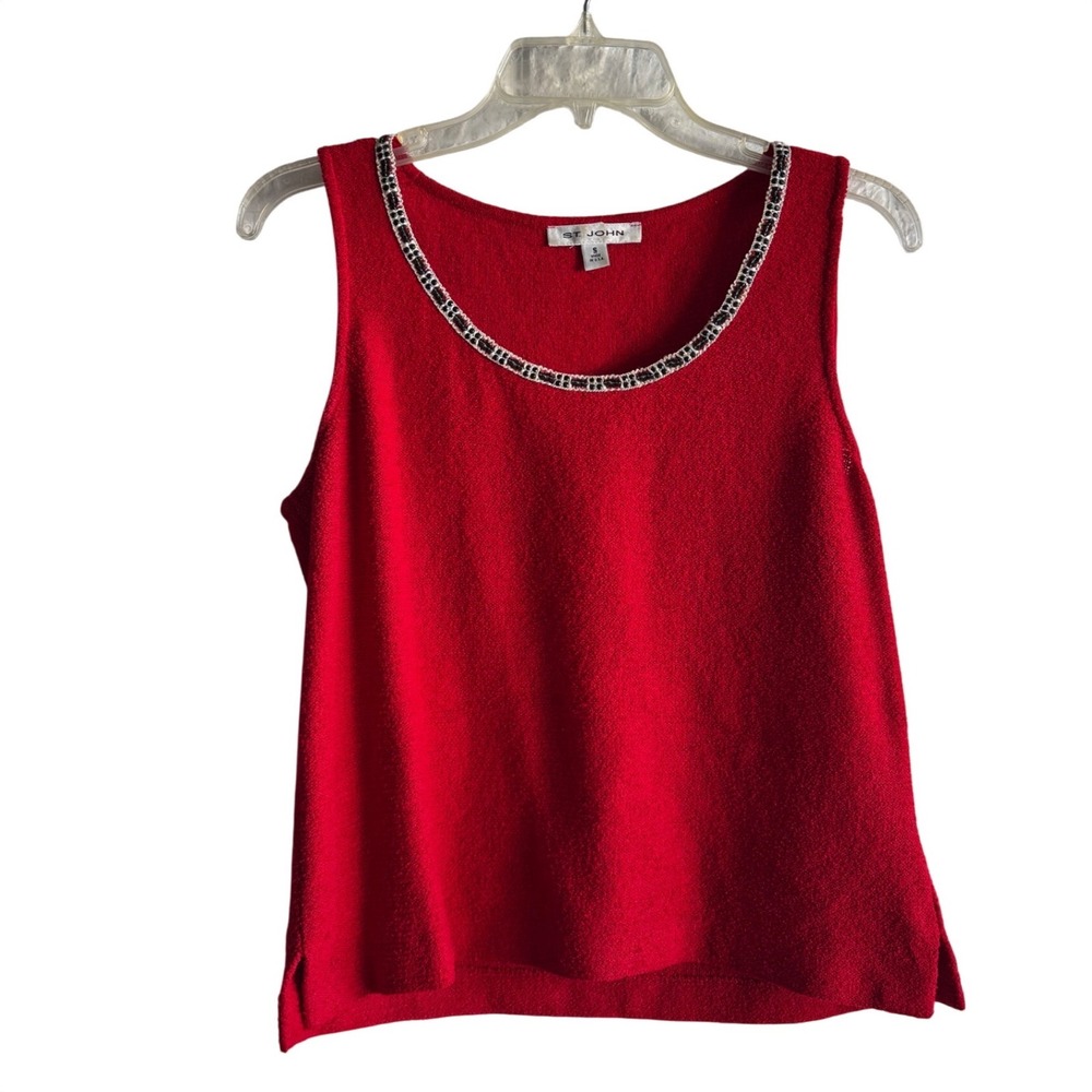 St. John Red Knit Tank Top Beaded‎ Scoop Neck Sleeveless Shell Made in USA Small